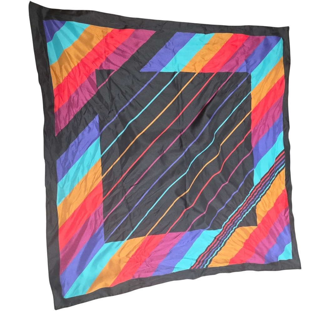 Vintage Geometric Striped Square Scarf Black Multicolor Retro 80s 90s Accessory